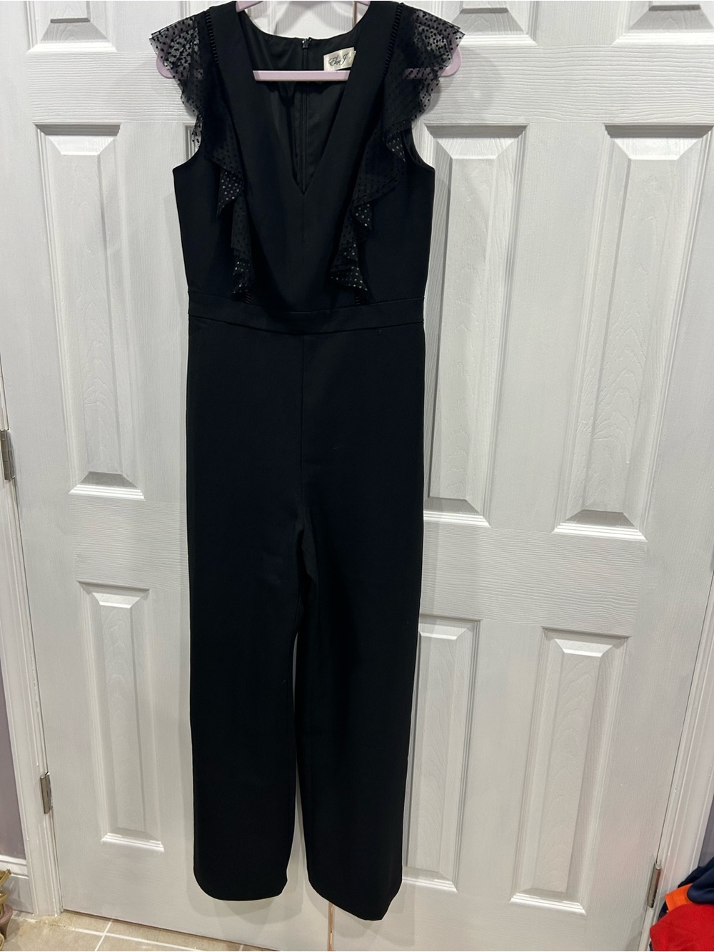 Eliza J Black V-Neck Ruffle-Shoulder Jumpsuit